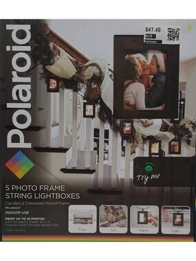 Polaroid 5-Photo Frame 12ft String LED Lightboxes -Candlenut Distressed Wood NEW